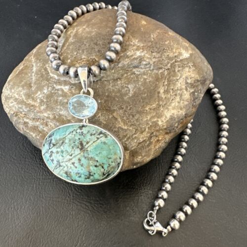 Navajo Dry Creek Turquoise Topaz Pendant Necklace | Sterling Silver | Authentic Native American Handmade | 16442
