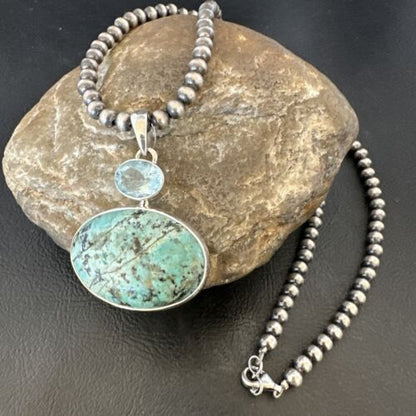 Navajo Dry Creek Turquoise Topaz Pendant Necklace | Sterling Silver | Authentic Native American Handmade | 16442