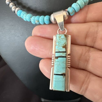 Turquoise #8 Inlay Pendant Necklace | Navajo Sterling Silver | Authentic Native American Handmade | 17057