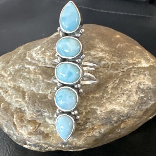 Navajo Women's Cluster Blue Larimar Ring | Authentic Native American Sterling Silver | Multi-Stone | Sz 7.5 | 16150