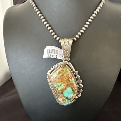 Men's Navajo Blue Green Royston Turquoise Pendant Necklace | Sterling Silver | Native American Handmade | 10429
