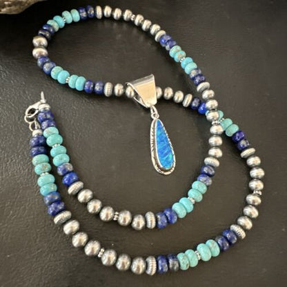 Navajo Blue Opal Turquoise Pendant Necklace | Sterling Silver | Authentic Native American Handmade | 16764