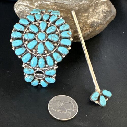 Navajo Blue Turquoise Multi-Stone Hair Barrette | Sterling Silver | 3" | Authentic Native American Handmade | 15206