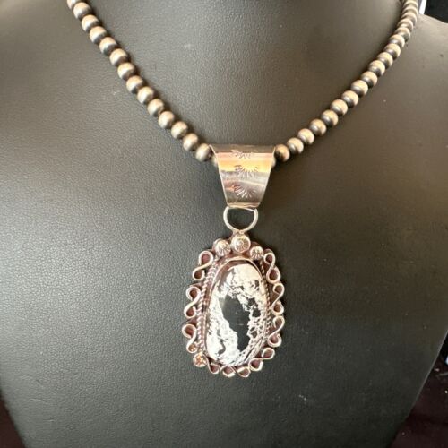 Men's White Buffalo Turquoise Pendant | Navajo Pearl Sterling Silver Necklace | Authentic Native American | 17038
