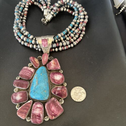 Navajo Turquoise Purple Spiny Cluster Pendant Necklace | Sterling Silver | Authentic Native American Handmade | 16676