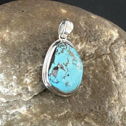 Navajo Blue Bisbee Turquoise Pendant | Sterling Silver | 1" | Authentic Native American Handmade | 17251