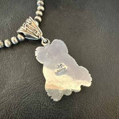 Navajo White Buffalo Turquoise Pendant Necklace | Sterling Silver | Authentic Native American Handmade | 17521