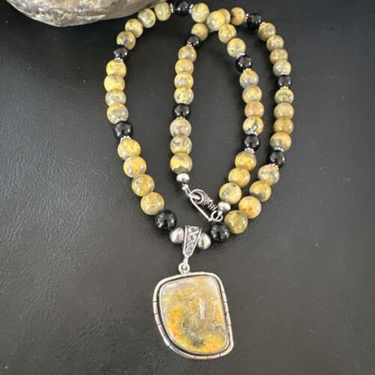 Navajo Bumblebee Jasper Pendant Necklace | Sterling Silver | Native American Handmade | 16015
