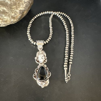 Navajo White Buffalo Turquoise & Onyx Pendant Necklace | Sterling Silver | Multi-Stone | 15315