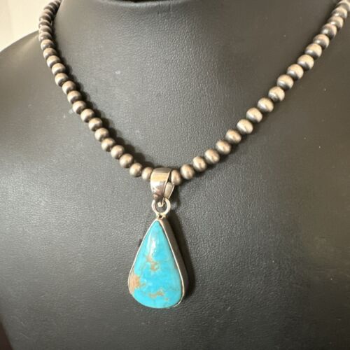 Navajo Blue Kingman Turquoise Pendant Necklace | Sterling Silver | 20" | Authentic Native American Handmade | 17011