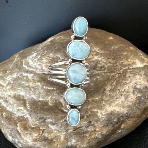 Navajo Blue Larimar Multi-Stone Ring | Authentic Native American Sterling Silver | Multi-Stone | Sz 8.5 | 15971