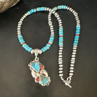 Navajo Blue Turquoise | Coral Pendant Necklace | Sterling Silver | Multi-Stone | 15256