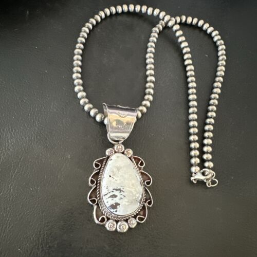 Men's White Buffalo Turquoise Pendant | Navajo Pearl Sterling Silver Necklace 21" | Handmade Jewelry | 17044