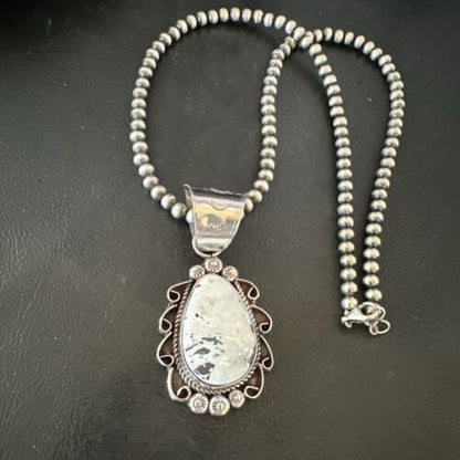 Men's White Buffalo Turquoise Pendant | Navajo Pearl Sterling Silver Necklace 21" | Handmade Jewelry | 17044
