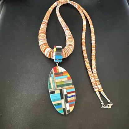 Santo Domingo Multi-Color Spiny Inlay Pendant Necklace | Sterling Silver | 32" | 16855