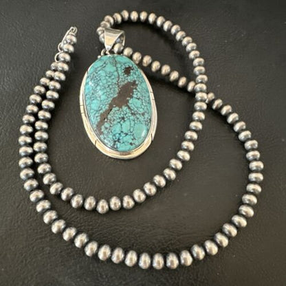 Men's Navajo Blue Spiderweb Turquoise Pendant Necklace | Sterling Silver | Native American Handmade | 16192