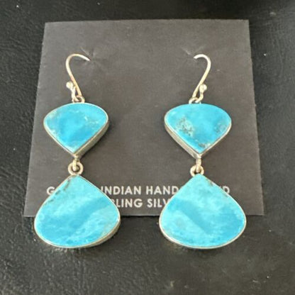 Navajo Blue Kingman Turquoise Dangle Earrings | Sterling Silver | Authentic Native American Handmade | 15101