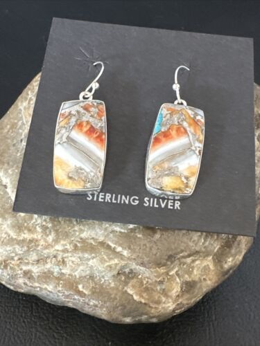Navajo Blue Turquoise & Orange Spiny Oyster Inlay Dangle Earrings | Sterling Silver | 15582