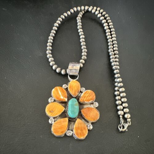 Navajo Blue Turquoise | Spiny Oyster Pendant Necklace | Sterling Silver | Multi-Stone | 16860