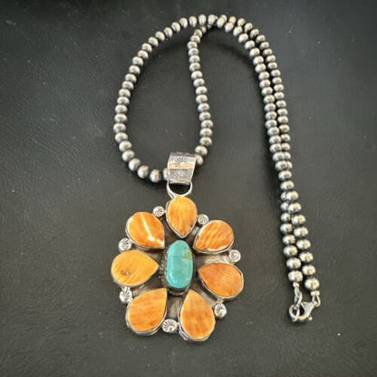 Navajo Blue Turquoise | Spiny Oyster Pendant Necklace | Sterling Silver | Multi-Stone | 16860