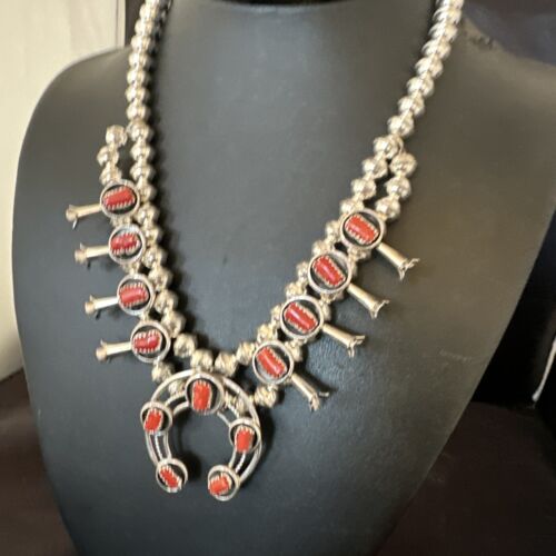 Navajo Red Coral Shadowbox Squash Blossom Necklace | Sterling Silver | 17" | Authentic Native American Handmade | 16118