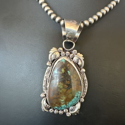 Men's Navajo Green Turquoise Pendant Necklace | Sterling Silver | Authentic Native American Handmade | 17528