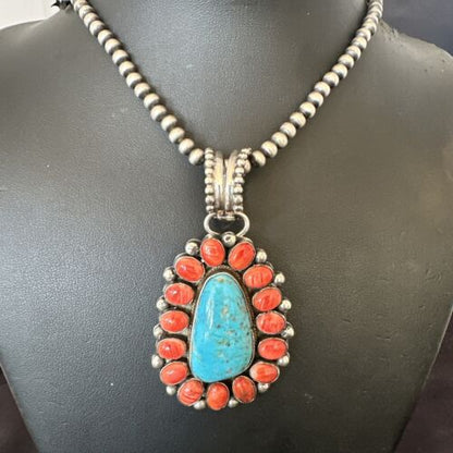 Navajo Turquoise Spiny Oyster Cluster Pendant Necklace | Sterling Silver | Native American Handmade | 17152