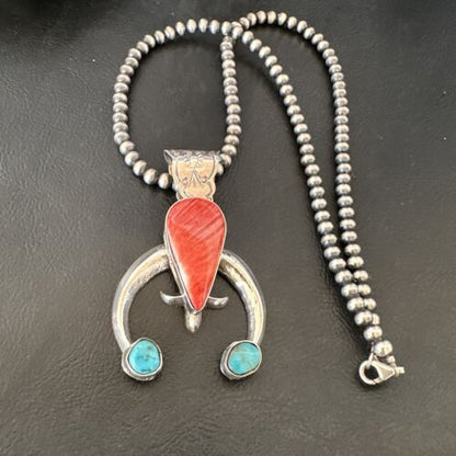 Navajo Blue Turquoise Red Spiny Oyster Naja Pendant | Sterling Silver | Authentic Native American Handmade | 16409