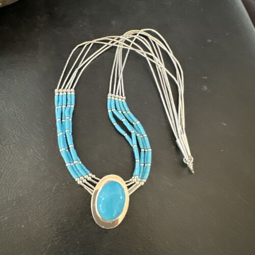 Navajo Green Turquoise Pendant Heishi Necklace| 5-Strand Sterling Silver | 18" | Authentic Native American Handmade | 17177