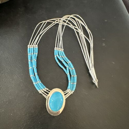 Navajo Green Turquoise Pendant Heishi Necklace| 5-Strand Sterling Silver | 18" | Authentic Native American Handmade | 17177