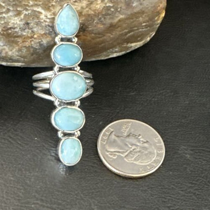 Navajo Blue Larimar Multi-Stone Cluster Ring | Authentic Native American Sterling Silver | Multi-Stone | Sz 7.5 | 17557