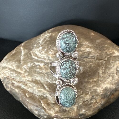 Navajo Blue Spiderweb Turquoise Cluster Ring | Authentic Native American Sterling Silver | Multi-Stone | Sz 9 | 16704
