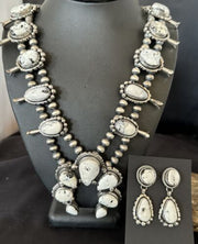 Navajo White Buffalo Turquoise Pendant Earrings | Sterling Silver Squash Blossom Necklace | 17443