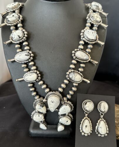 Navajo White Buffalo Turquoise Pendant Earrings | Sterling Silver Squash Blossom Necklace | 17443