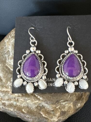 Navajo Purple Sugilite White Mother of Pearl Earrings | Sterling Silver | 1" | Authentic Native American Handmade | 15334