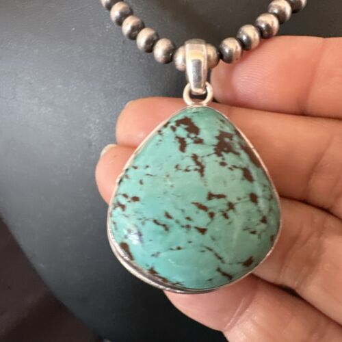 Men's Navajo Blue Spiderweb Turquoise Pendant Necklace | Sterling Silver | Authentic Native American Handmade | 16229