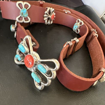Men's Turquoise Spiny Oyster Concho Belt | Sterling Silver Navajo Tufa | Authentic Native American Handmade | 16680