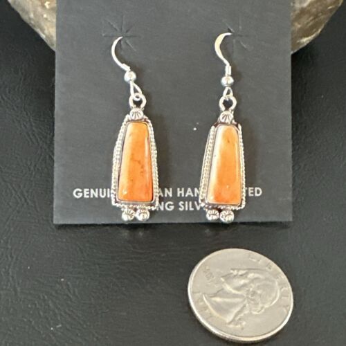Navajo Orange Spiny Oyster Dangle Earrings | Sterling Silver | Authentic Native American Handmade | 17272
