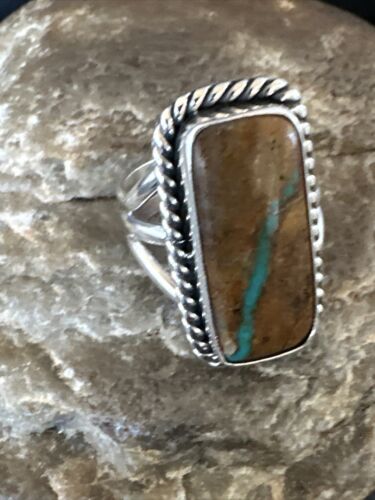 Navajo Ribbon Boulder Green Turquoise Ring | Sterling Silver | Sz 8.5 | Authentic Native American Handmade | 16386