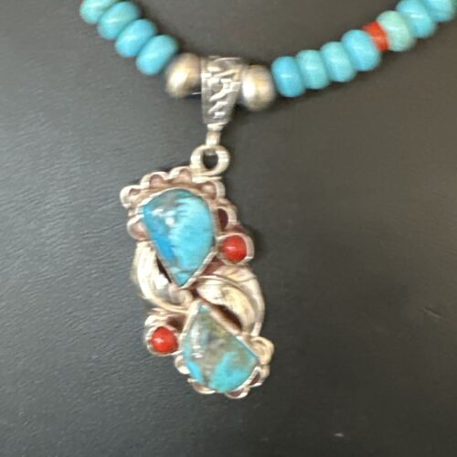 Navajo Blue Turquoise | Coral Pendant Necklace | Sterling Silver | Multi-Stone | 15256