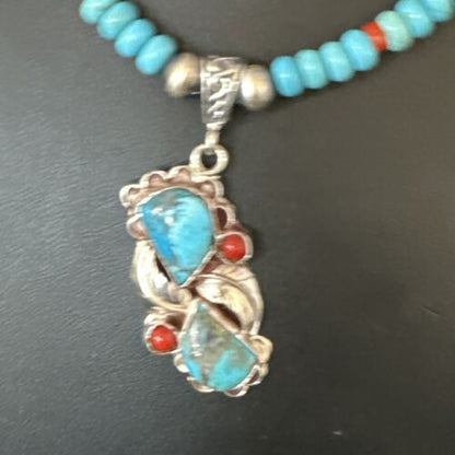 Navajo Blue Turquoise | Coral Pendant Necklace | Sterling Silver | Multi-Stone | 15256