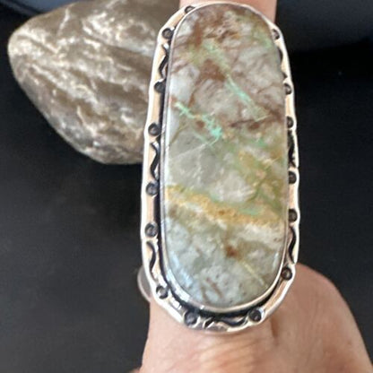 Navajo Ribbon Boulder Green Turquoise Ring | Sterling Silver | Sz 8 | Authentic Native American Handmade | 16383