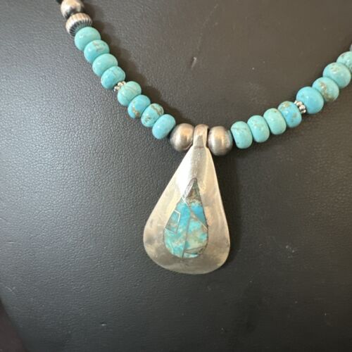 Navajo Blue Spiderweb Turquoise Inlay Pendant Necklace | Sterling Silver | Authentic Native American Handmade | 17120