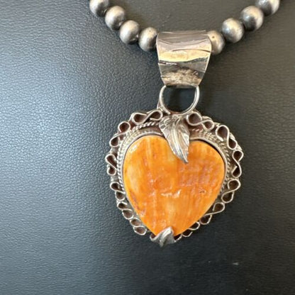 Navajo Orange Spiny Oyster Heart Pendant Necklace | Sterling Silver | Authentic Native American Handmade | 16295