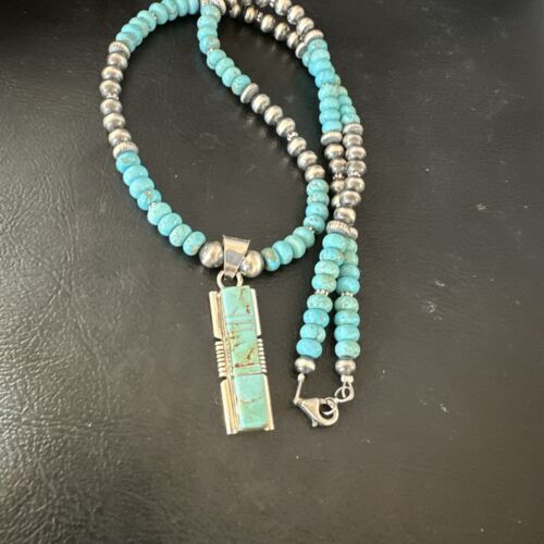 Turquoise #8 Inlay Pendant Necklace | Navajo Sterling Silver | Authentic Native American Handmade | 17121