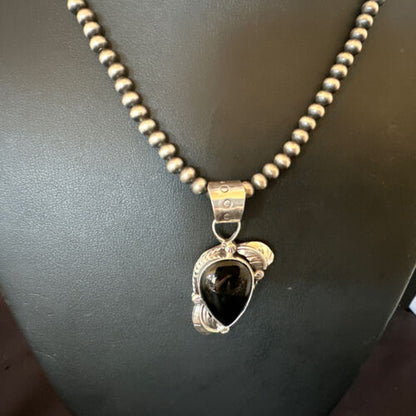 Navajo Pearls Black Onyx Necklace Pendant | Sterling Silver | Authentic Native American Handmade | 16527