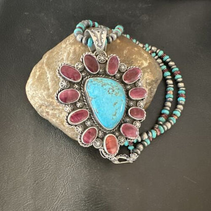 Navajo XL Turquoise Purple Spiny Cluster Pendant Necklace | Sterling Silver | Native American Handmade | 17427