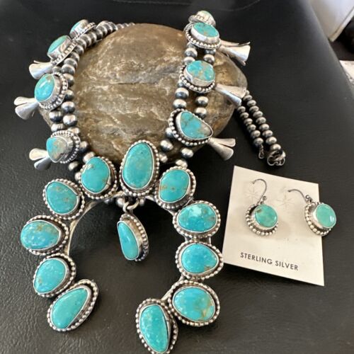 Kingman Turquoise Navajo Squash Blossom Necklace & Earrings | Sterling Silver | Native American Handmade | 16538