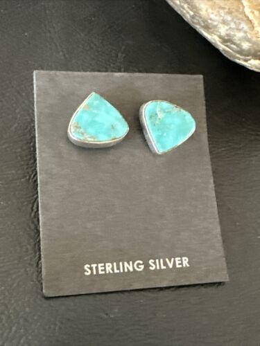 Navajo Blue Kingman Turquoise Post Stud Earrings | Sterling Silver | Authentic Native American Handmade | 17480