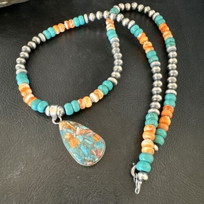 Navajo Spiny Turquoise Pendant Necklace | Sterling Silver | 21" | Authentic Native American Handmade | 17519